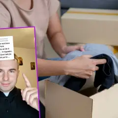 Ksiądz odpowiada na pytanie: czy można nosić zegarek po zmarłej osobie? W tle osoba pakuje rzeczy do kartonu.