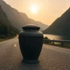 Cennik transportu urny z prochami. Ciemna urna na pustej drodze w górskim krajobrazie o zachodzie słońca.