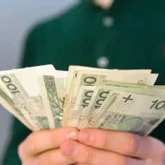 Dłonie trzymają wachlarz banknotów 100 zł. To może być pomocne przy pytaniu, co to jest renta rodzinna.