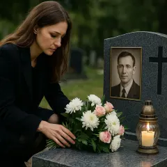 Smutek na rocznicę śmierci bliskiej osoby. Kobieta klęczy przy grobie, składając kwiaty obok palącej się znicza.