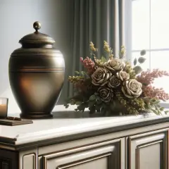 Elegancka urna z prochami po kremacji, obok świeca i bukiet róż.