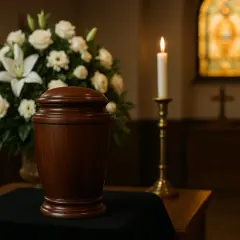 Drewniana urna pogrzebowa, bukiet białych kwiatów i płonąca świeca. Czy kremacja to grzech? Pytanie to nurtuje wielu.