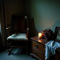 Puste krzesło, płonąca świeca, bukiet róż i zdjęcie młodej kobiety. Czas żałoby po mamie.