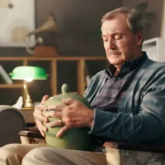 Starszy mężczyzna trzyma urnę, zadumany. Czy zmarli widzą swój pogrzeb?