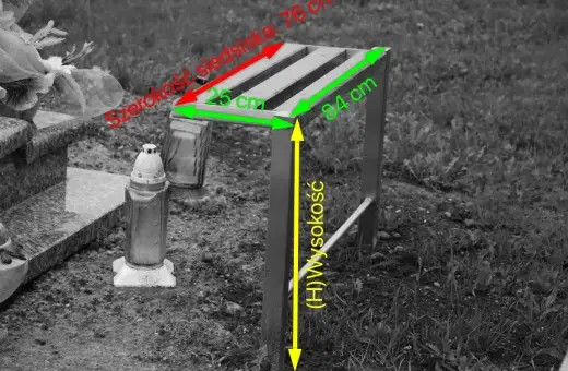 Wymiary ławki cmentarznej: szerokość siedziska 76 cm, głębokość 25 cm, wysokość 84 cm. Jak zamontować ławkę na cmentarzu?