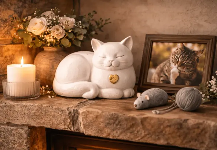 Pamięć o ukochanym kocie: ceramiczny kotek, zdjęcie, świeca i kwiaty symbolizują żałobę po kocie.
