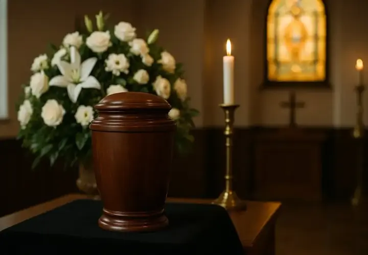 Drewniana urna, białe kwiaty i płonąca świeca. Obraz sugeruje spokój i refleksję nad tym, co czuje dusza podczas kremacji.
