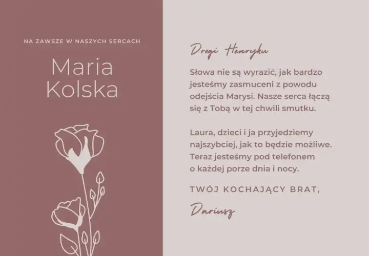 Wzór kondolencji dla Henryka po stracie Marysi. Darius zapewnia o wsparciu i gotowości do pomocy.