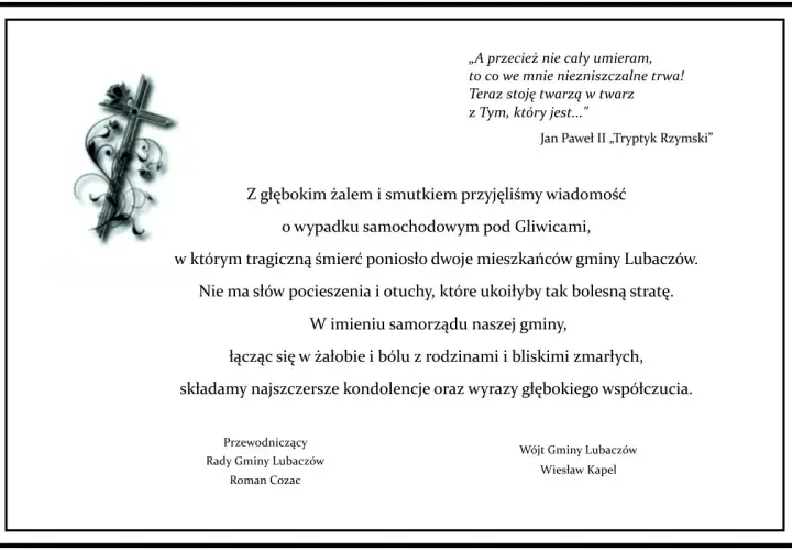Wzór pożegnania rodziny w imieniu zmarłego. Kondolencje dla rodzin po tragicznej śmierci mieszkańców gminy Lubaczów.