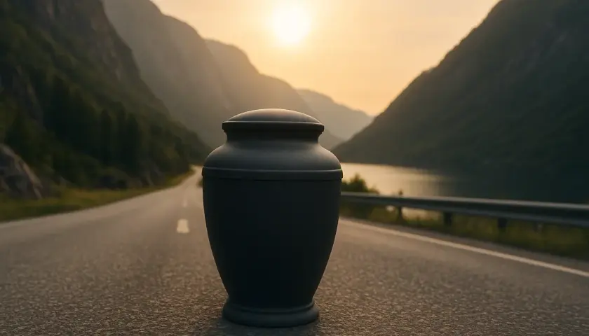 Cennik transportu urny z prochami. Ciemna urna na pustej drodze w górskim krajobrazie o zachodzie słońca.