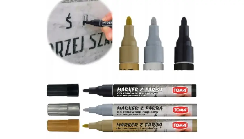 Zestaw markerów do renowacji napisów na nagrobkach. Złote litery odzyskają blask dzięki tym markerom.