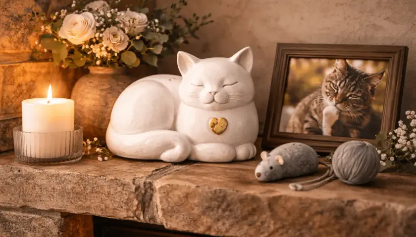 Pamięć o ukochanym kocie: ceramiczny kotek, zdjęcie, świeca i kwiaty symbolizują żałobę po kocie.