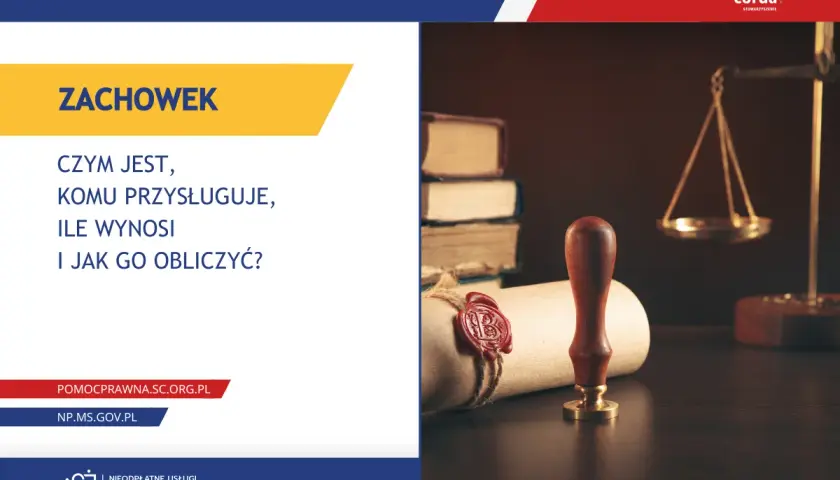 Zachowek dla kogo? Dowiedz się, czym jest, komu przysługuje i jak go obliczyć. Obraz przedstawia symbole prawa: wagę, pieczęć i księgi.
