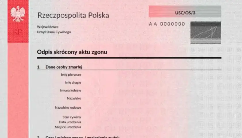 Skrócony odpis aktu zgonu z danymi osoby zmarłej i informacjami o czasie i miejscu zgonu. Dokument urzędowy.