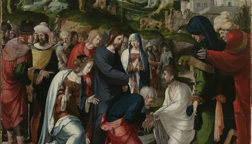 Scena biblijna: Jezus wskrzesza Łazarza. Wokół tłum ludzi, w tym Maria i Marta.