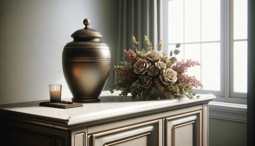 Elegancka urna z prochami po kremacji, obok świeca i bukiet róż.