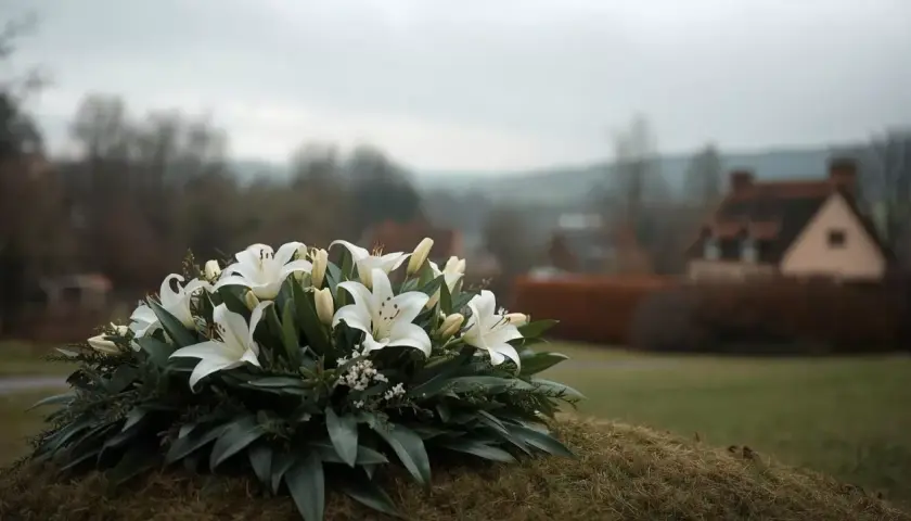 Białe lilie na tle wiejskiego krajobrazu. Wieniec pogrzebowy symbolizuje pamięć i szacunek, a zasiłek pogrzebowy KRUS pomaga w trudnych chwilach.
