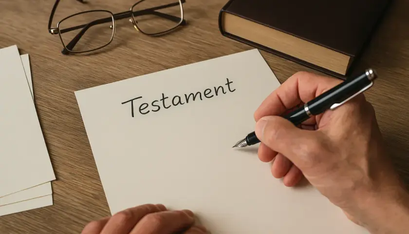 Dłoń pisze piórem na dokumencie z napisem "Testament". Obok leżą okulary i gruba księga. Ostatnia wola zmarłego spisana.