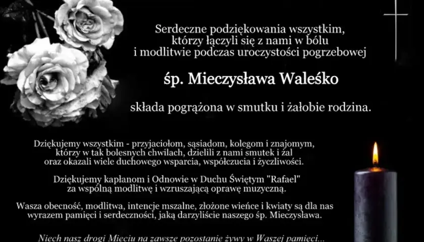 Czarno-białe róże i płonąca świeca. Podziękowania za obecność i modlitwę na pogrzebie śp. Mieczysława Waleśko.