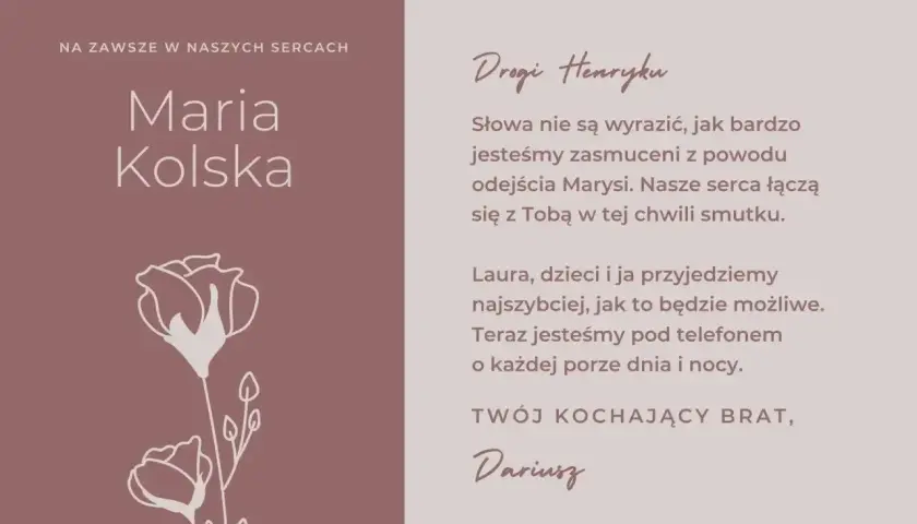 Wzór kondolencji dla Henryka po stracie Marysi. Darius zapewnia o wsparciu i gotowości do pomocy.