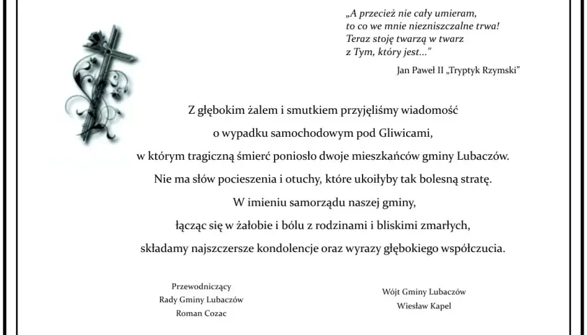 Wzór pożegnania rodziny w imieniu zmarłego. Kondolencje dla rodzin po tragicznej śmierci mieszkańców gminy Lubaczów.