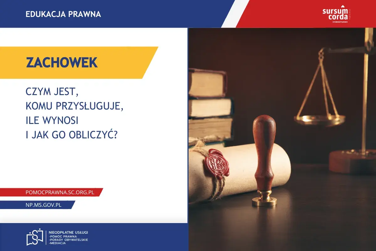 Zachowek dla kogo? Dowiedz się, czym jest, komu przysługuje i jak go obliczyć. Obraz przedstawia symbole prawa: wagę, pieczęć i księgi.