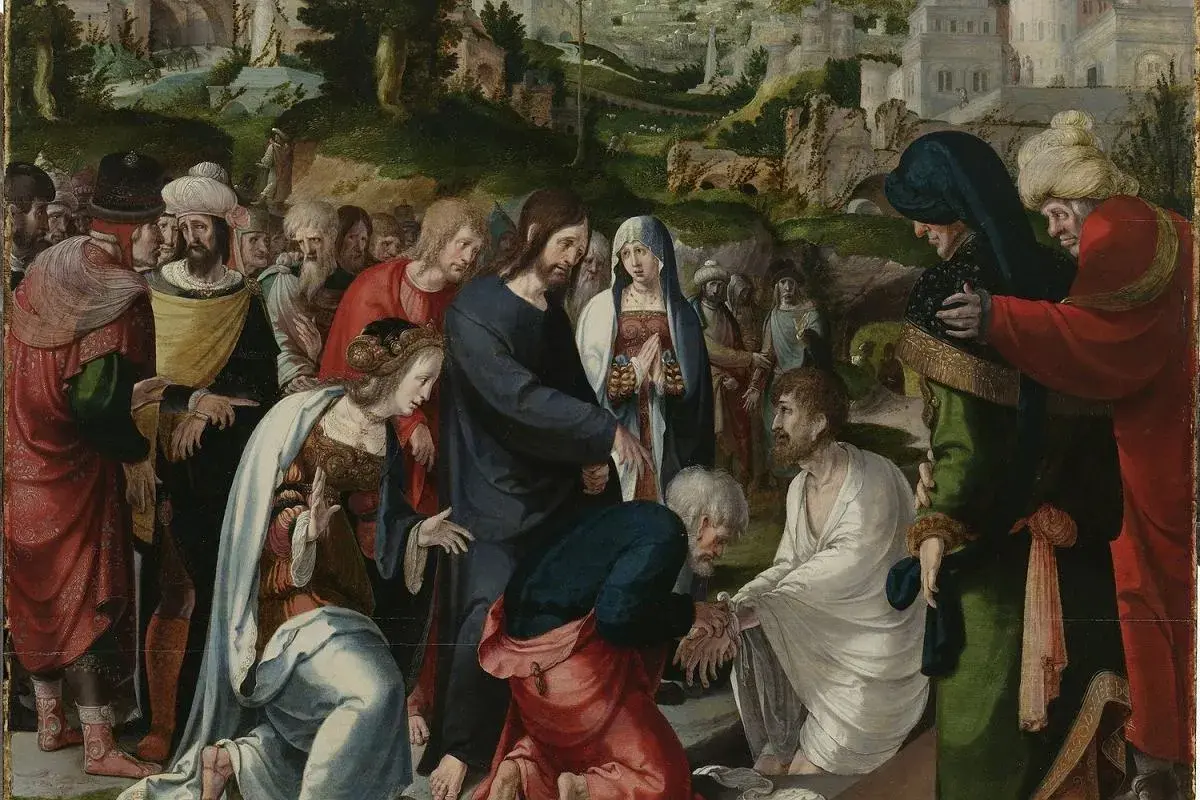 Scena biblijna: Jezus wskrzesza Łazarza. Wokół tłum ludzi, w tym Maria i Marta.