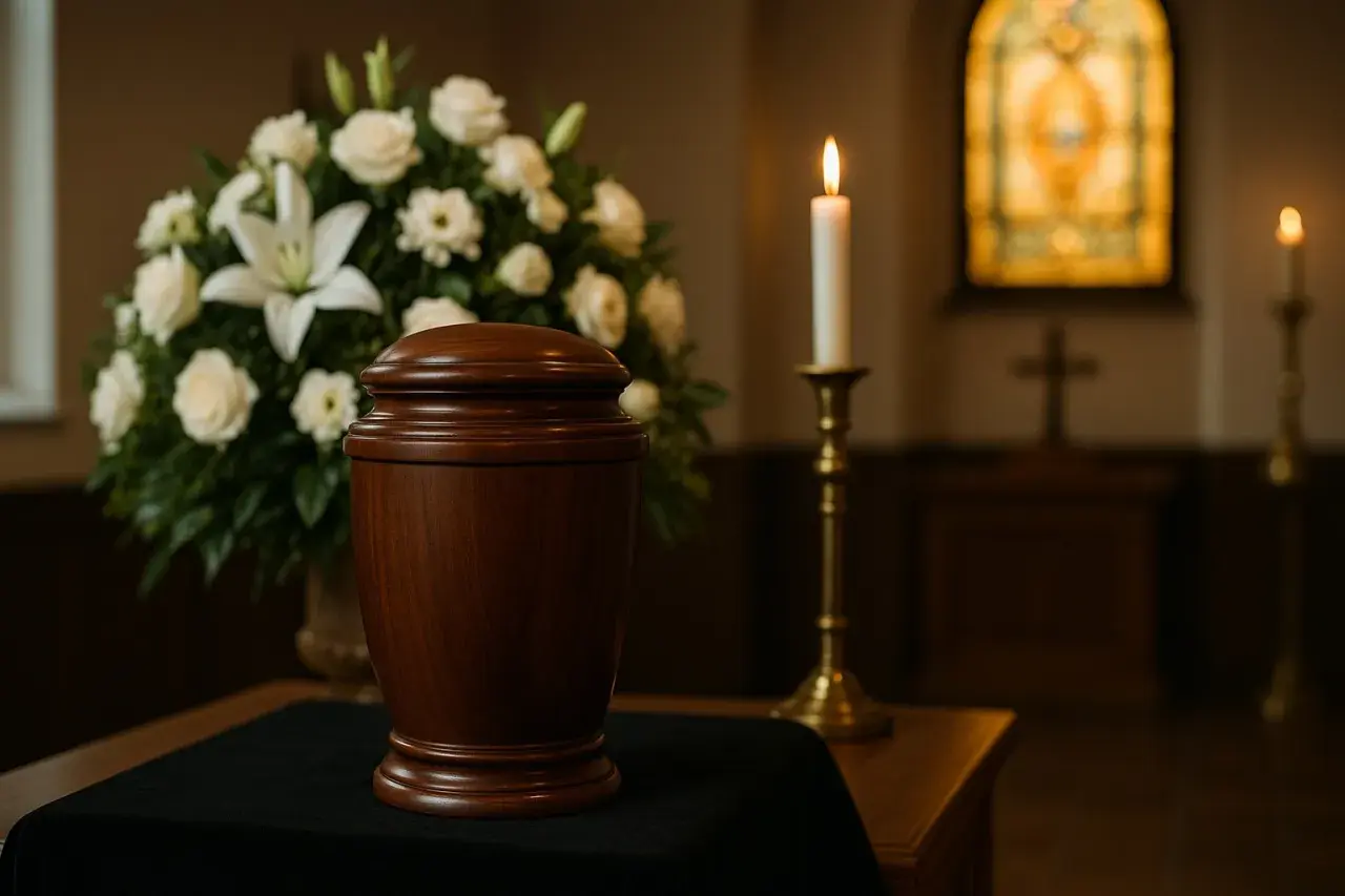 Drewniana urna pogrzebowa, bukiet białych kwiatów i płonąca świeca. Czy kremacja to grzech? Pytanie to nurtuje wielu.