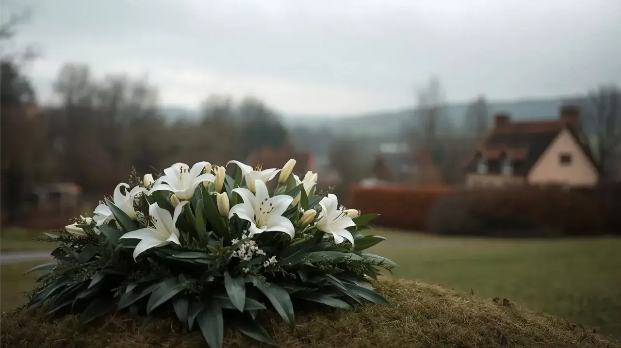 Białe lilie na tle wiejskiego krajobrazu. Wieniec pogrzebowy symbolizuje pamięć i szacunek, a zasiłek pogrzebowy KRUS pomaga w trudnych chwilach.