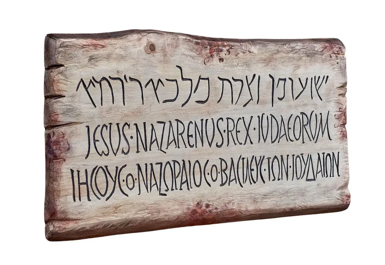 Drewniana tablica z napisem INRI w trzech językach: hebrajskim, łacińskim i greckim.