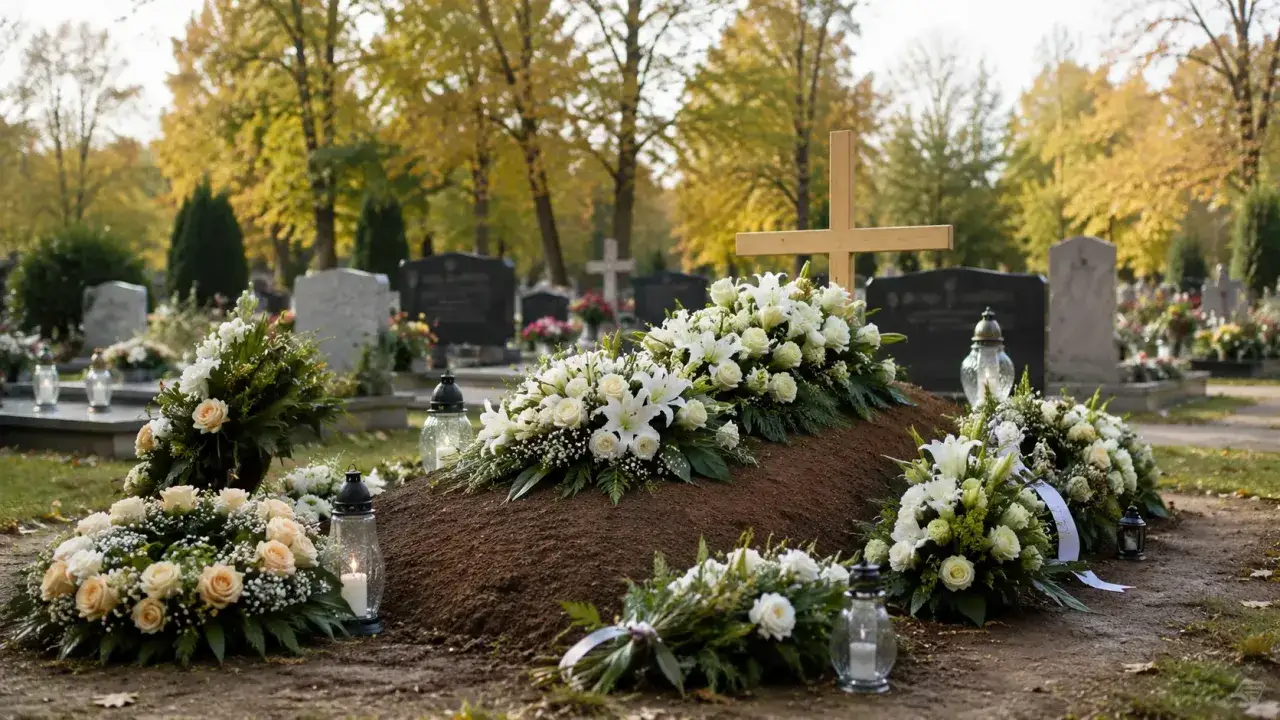 Cmentarz jesienią, świeże kwiaty i znicze na świeżym grobie. Czas zadumy, kiedy sprząta się kwiaty po pogrzebie.